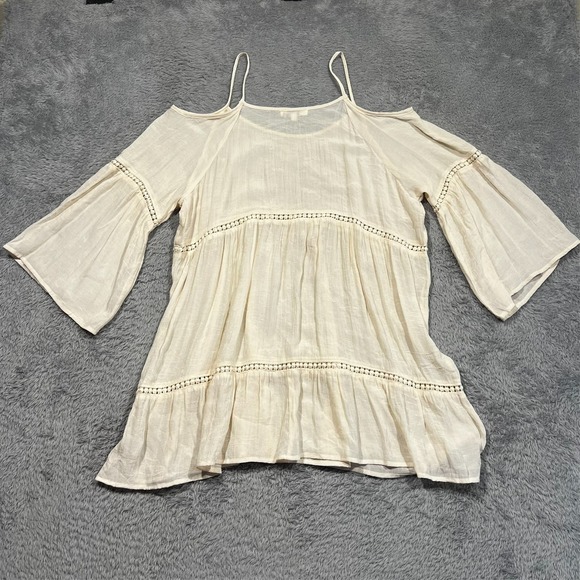 Umgee Boho Peasant Sheer‎ Tunic Top Women's XL Off White Cold Shoulder Bell Slv - Picture 8 of 11